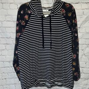Striped Floral Hoodie - navy and White